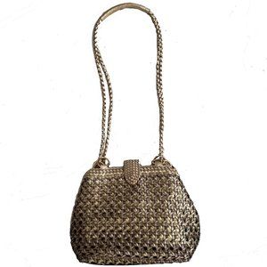 Vintage Bags By Warren Reed Faux Leather Weave Purse Gold Silver